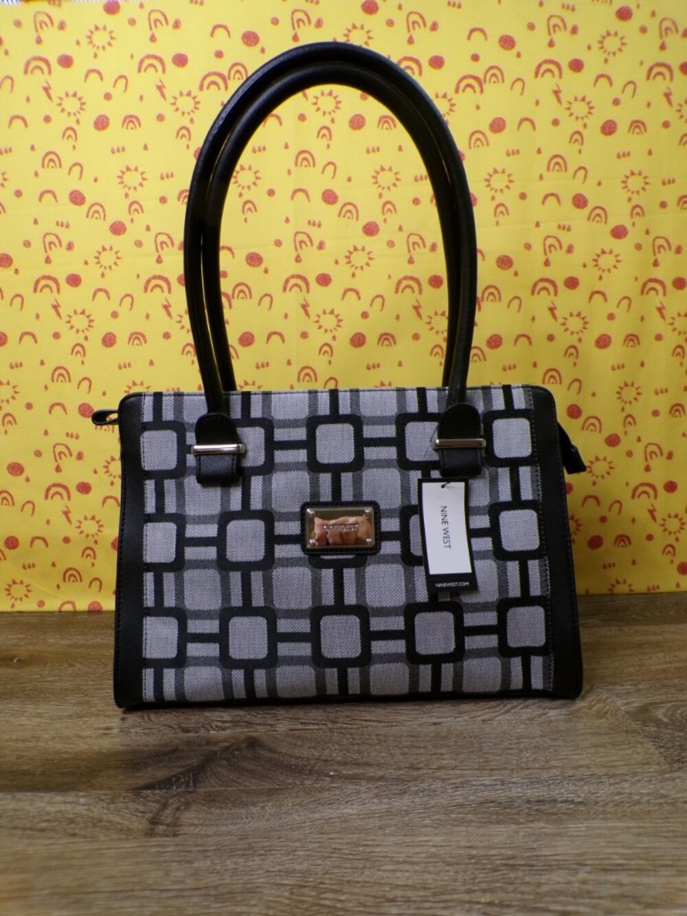 NINE WEST NWT Women's Metro Girl Purse Black & Gray Squares Design Triangle Body